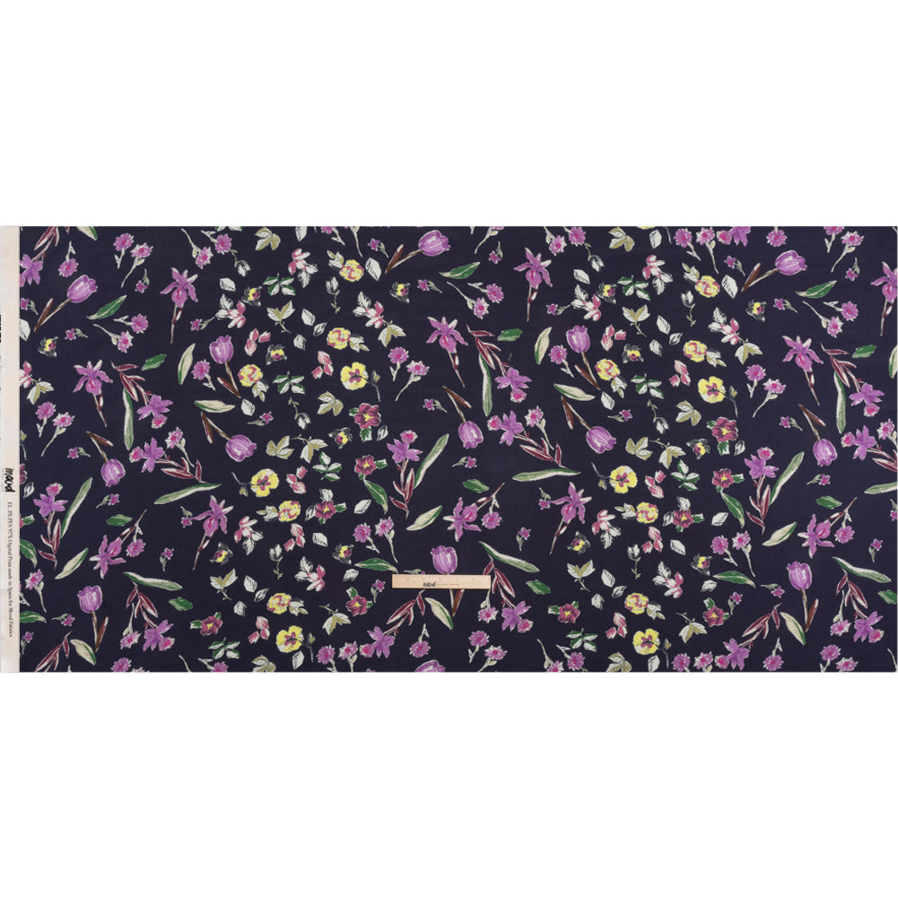 Sustainable Viscose Crepe Print - Purple, Navy, and Yellow Floral - Mood Exclusive Tulip Fever