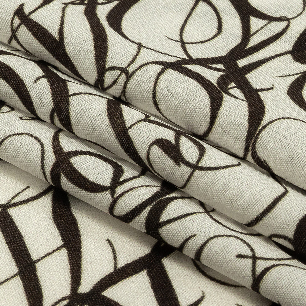 Sustainable Viscose Woven Print - White Calligraphic Letters - Mood Exclusive Dear Ms. Austen