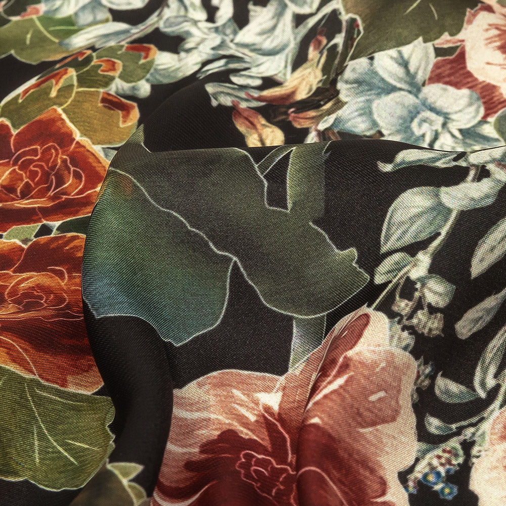 Polyester Charmeuse Print - Black, Red and Blue Floral - Mood Exclusive Misty Morning