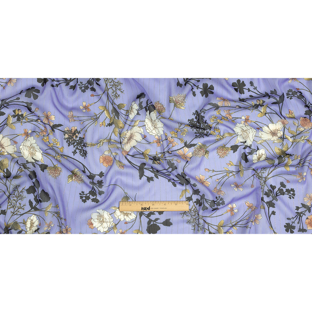 Polyester Chiffon Print with Metallic Pinstripes - Lavender and White Floral - Mood Exclusive Ornamental Orchestra