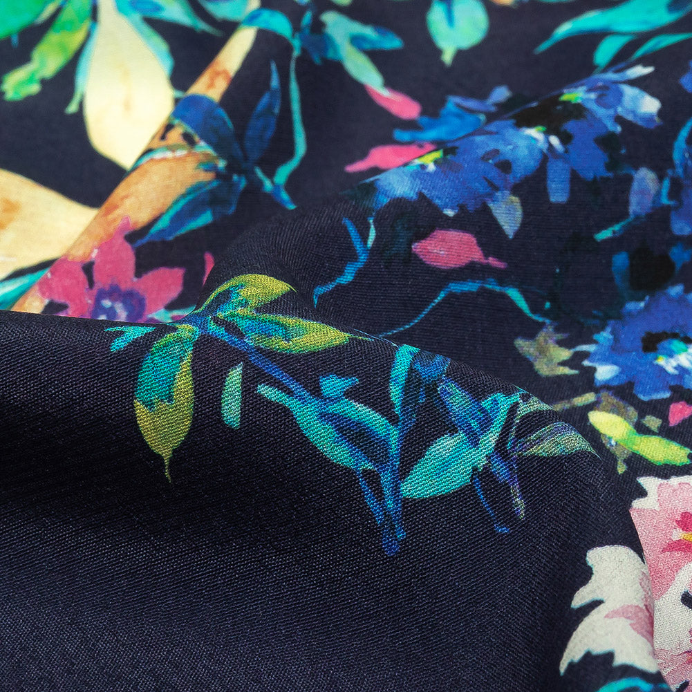 Sustainable Viscose Crepe Print - Navy, Pink and Green Floral - Mood Exclusive Pick of the Bunch
