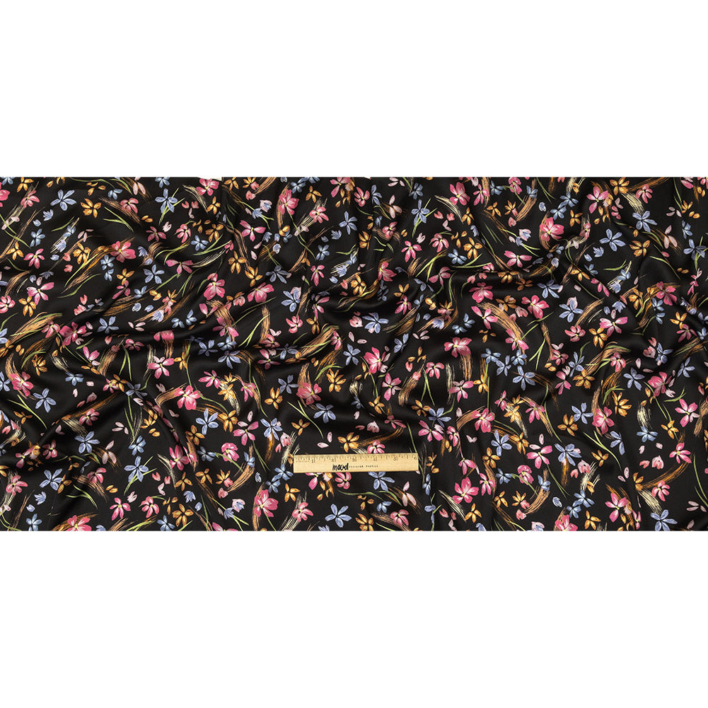 Polyester Charmeuse Print - Black, Pink and Blue Floral - Mood Exclusive In the Wind