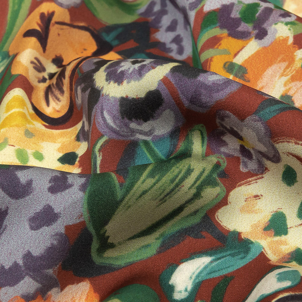 Polyester Crepe de Chine Print - Burnt Russet Brown, Yellow and Purple Floral - Mood Exclusive Language of Flowers