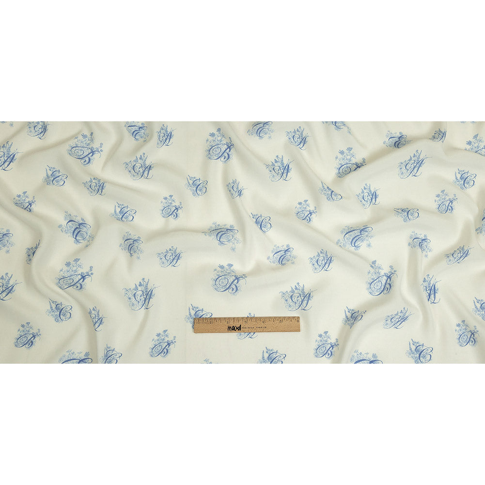Sustainable Viscose Woven Print - White and Blue Floral Calligraphic Script - Mood Exclusive ABC Bouquet