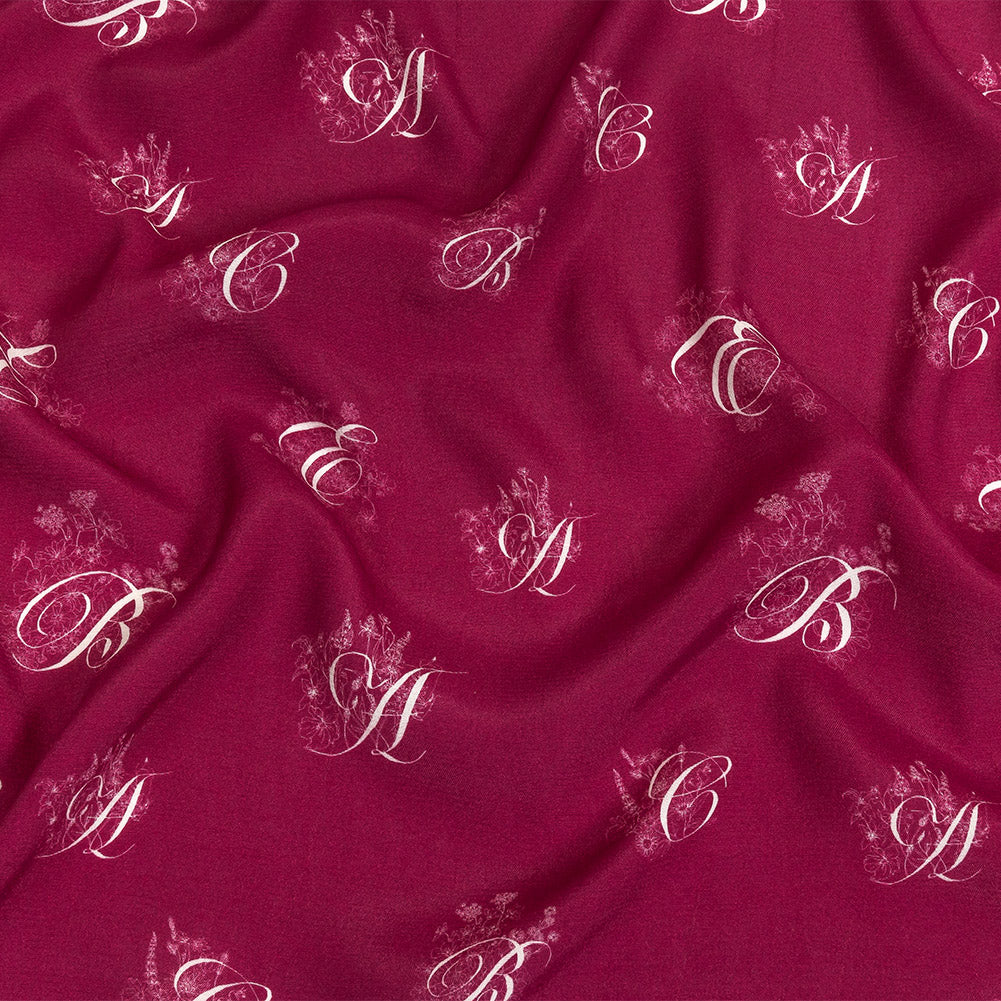 Sustainable Viscose Woven Print - Magenta and White Floral Calligraphic Script - Mood Exclusive ABC Bouquet