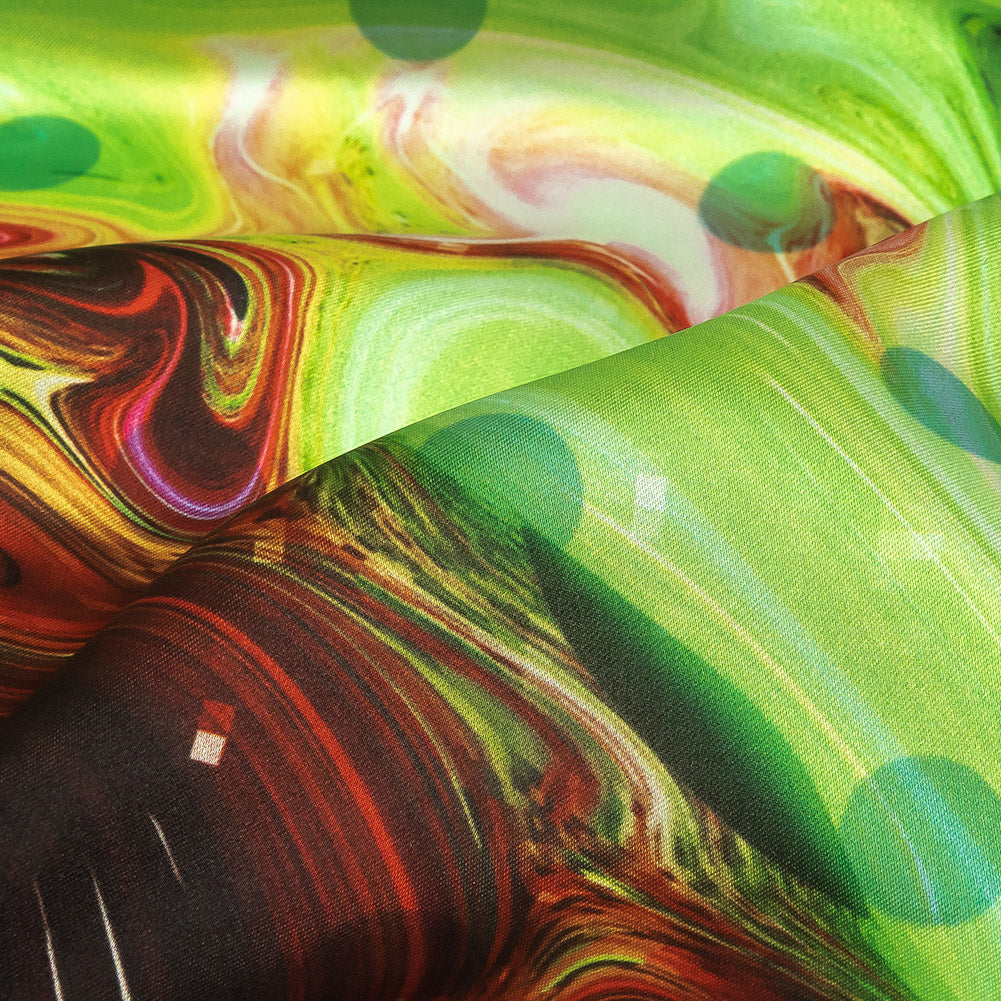 Polyester Charmeuse Print - Lime Green, Pink and Brown Abstract Swirls and Polka Dots - Mood Exclusive Interstellar