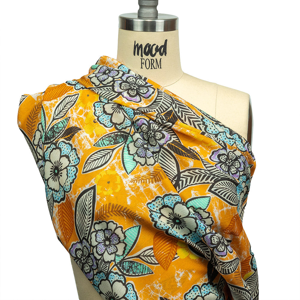Gauzy Wrinkled Rayon Woven Print - Butterscotch Orange and Blue Floral - Mood Exclusive Blackened Buds