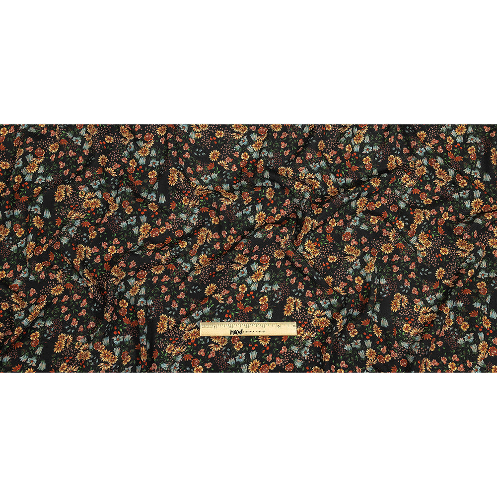 Sustainable Viscose Crepe Print - Black, Light Blue and Yellow Floral - Mood Exclusive Night Air