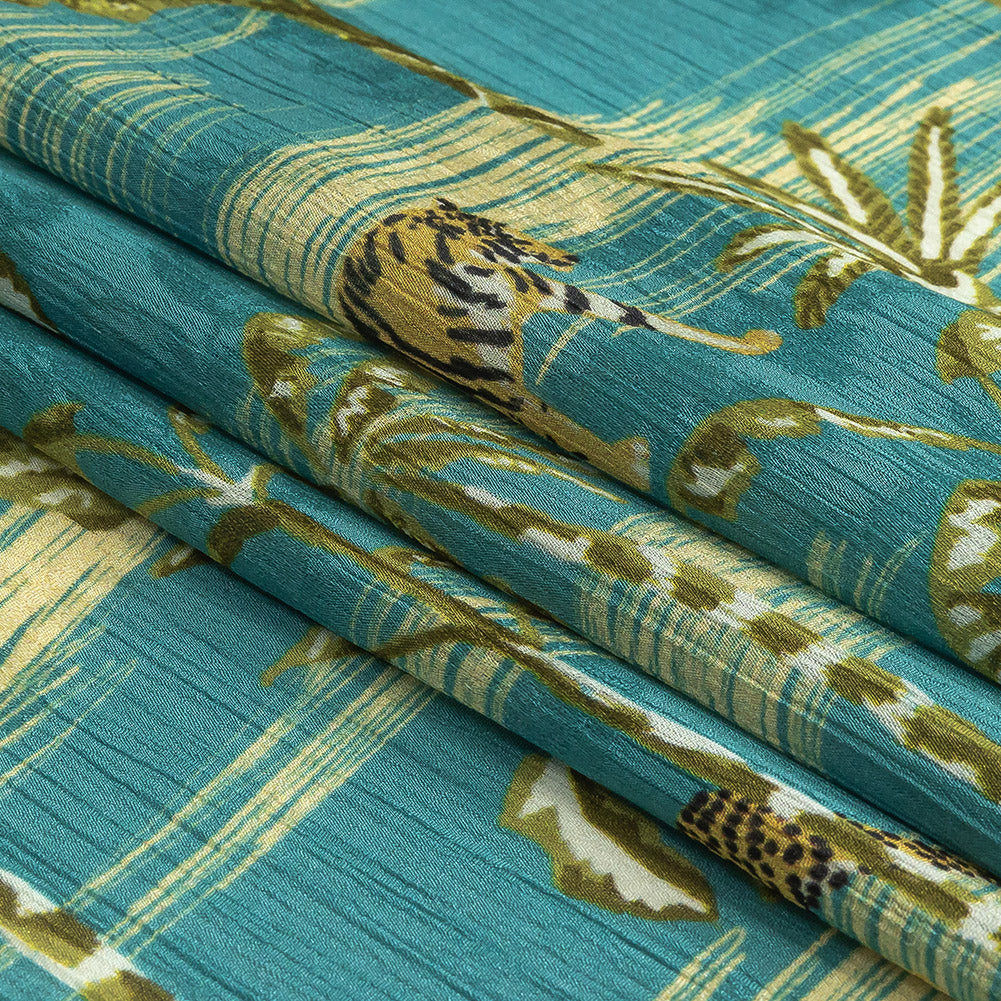 Crinkled Leafy Polyester Jacquard Print - Blue and Green Savannah Cats - Mood Exclusive Cerrado