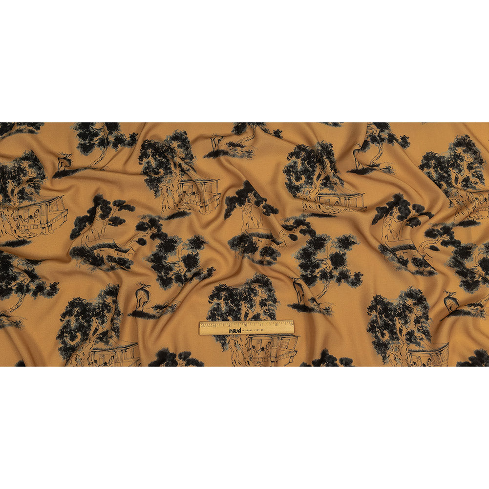 Viscose Twill Print - Tan and Black Trees and Houses - Mood Exclusive Among the Kii Mountains