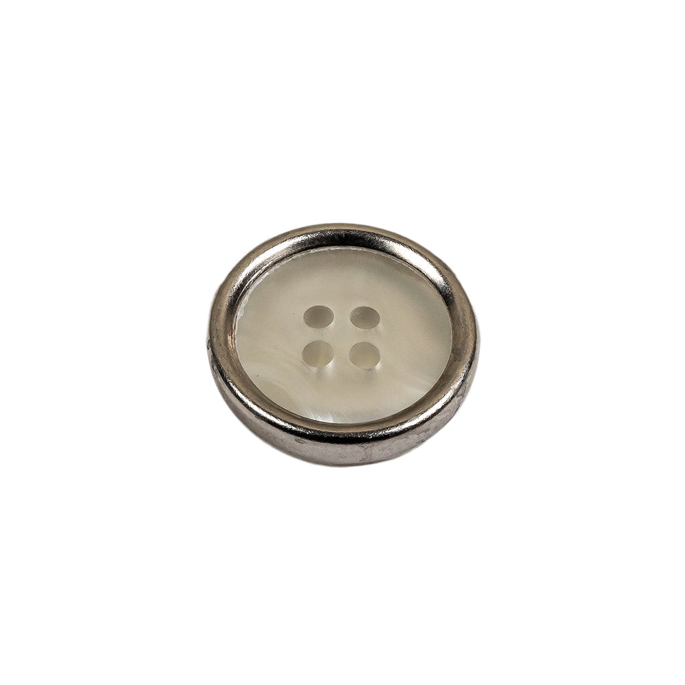 Italian Iridescent White 4 Hole Button with Silver Metal Rim - 25L/16mm