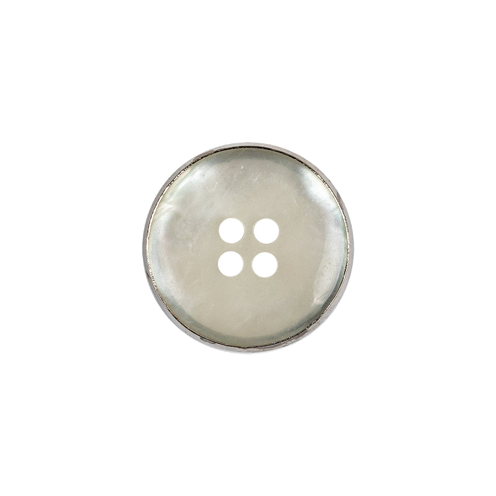 Italian Iridescent White 4 Hole Button with Silver Metal Rim - 28L/18mm