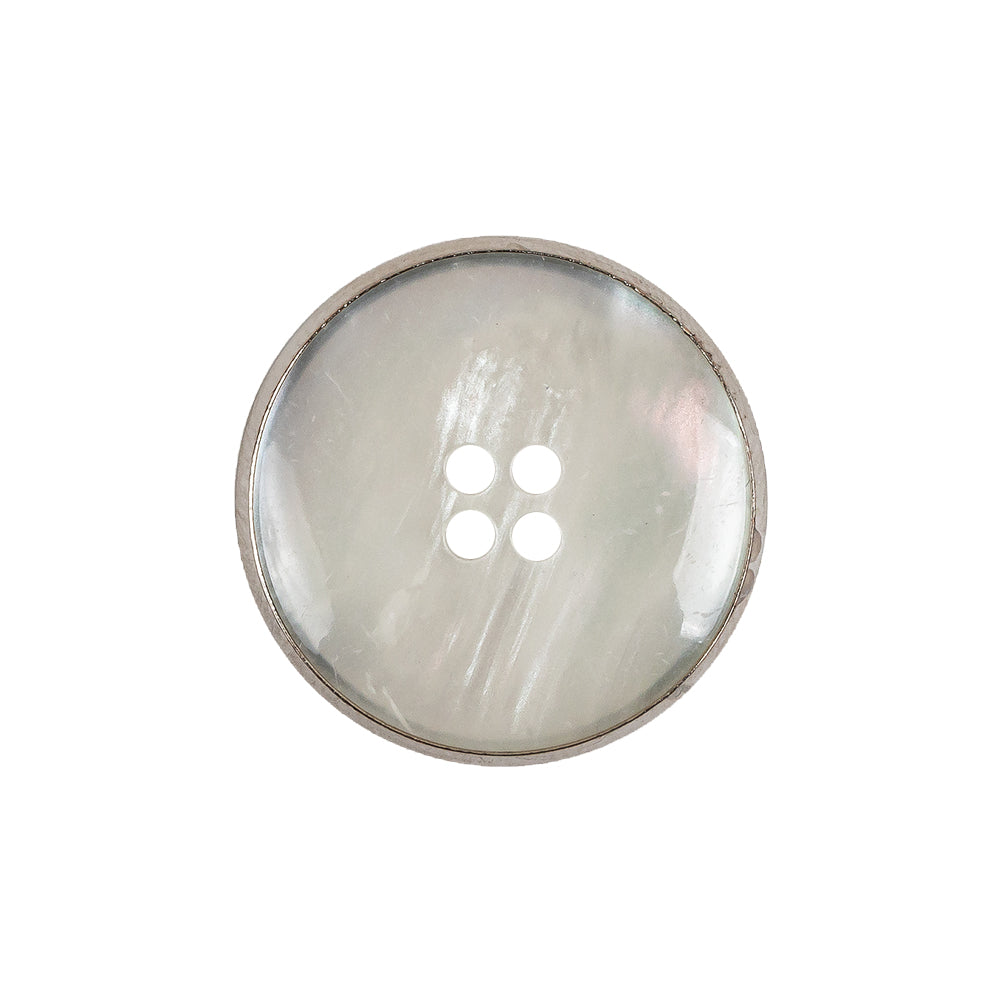 Italian Iridescent White 4 Hole Button with Silver Metal Rim - 36L/23mm