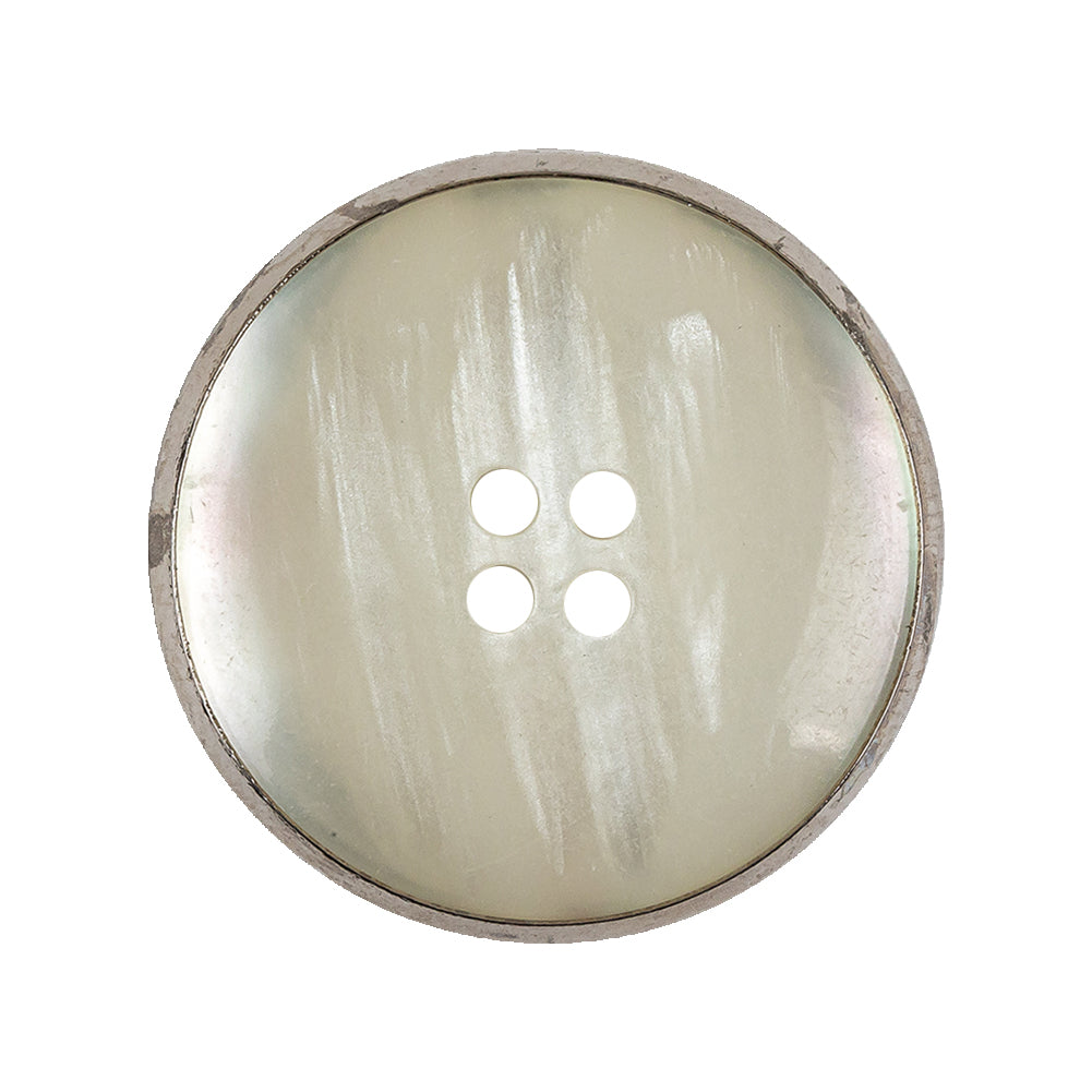 Italian Iridescent White 4 Hole Button with Silver Metal Rim - 44L/28mm
