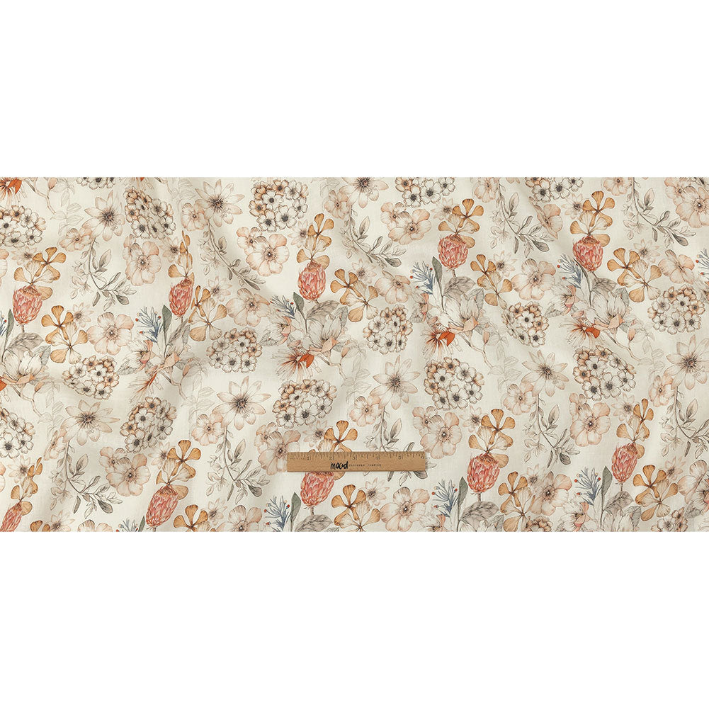 Peach, Red and White Floral Lightweight Linen Woven
