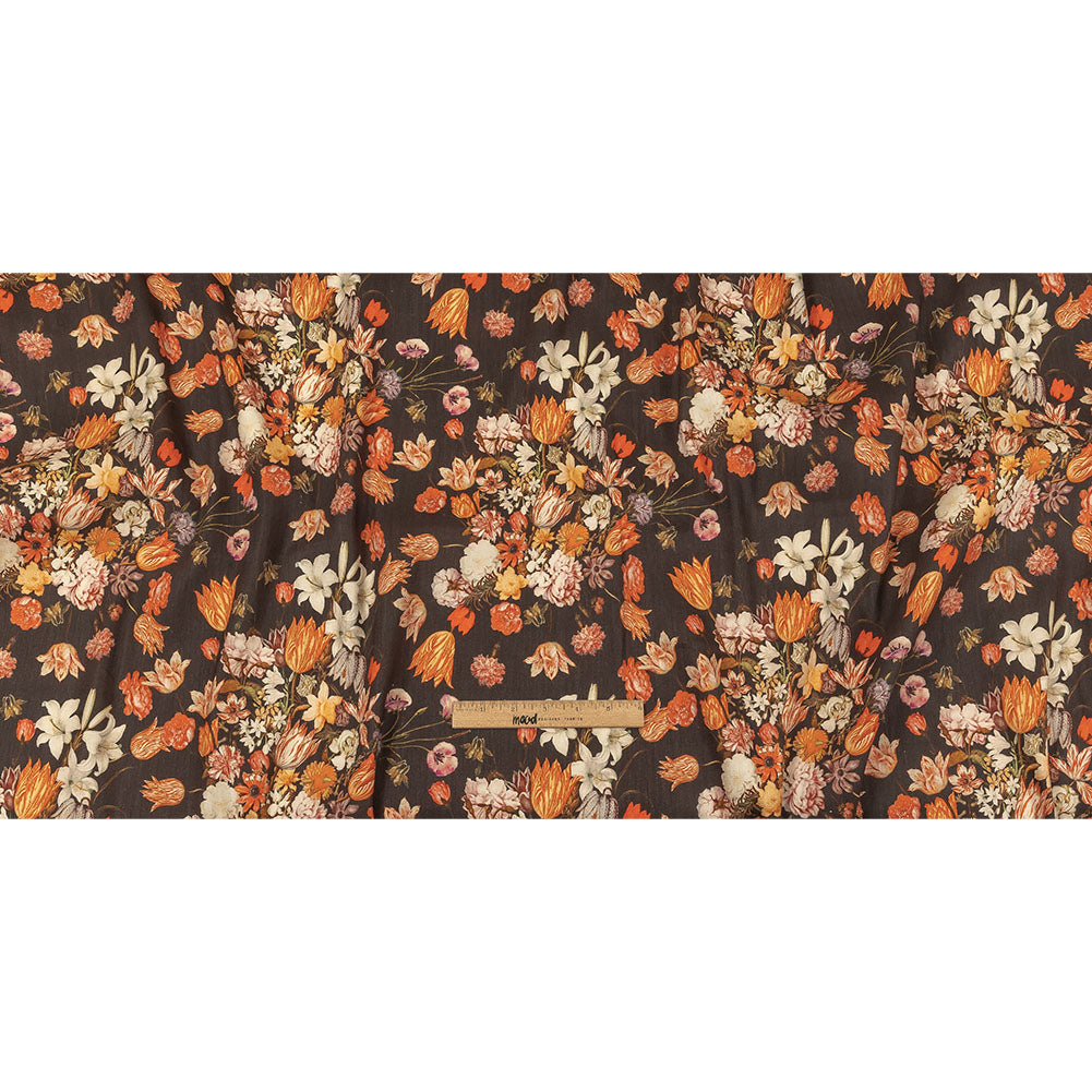 Red, Orange and Dark Brown Bouquets Stretch Linen and Rayon Woven