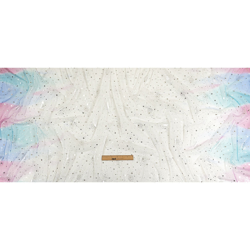 Blue, White and Silver Starry Border Printed Tulle