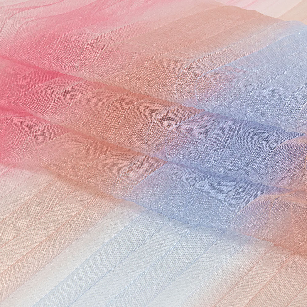 Pink, Peach and Blue Ombre Stripes Pleated Tulle
