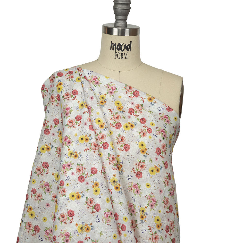 Pink, Yellow and Gray Wildflowers Medium Weight Linen Woven
