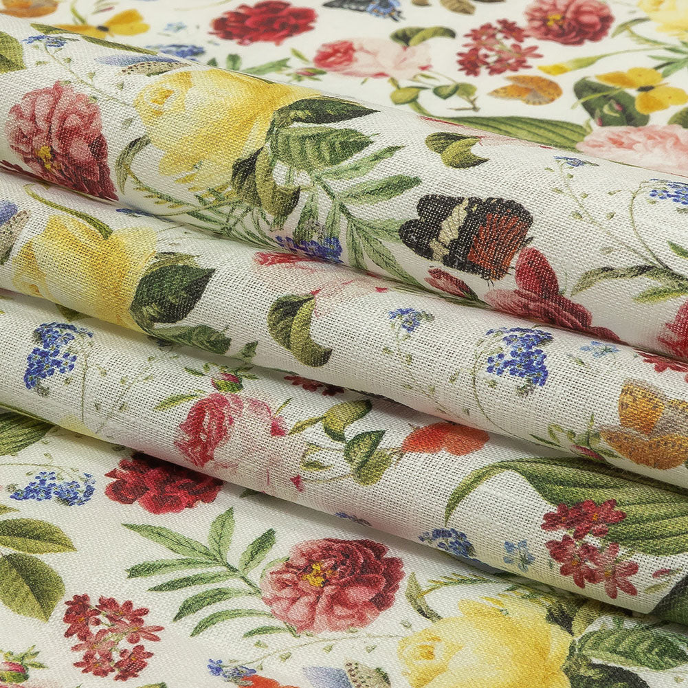 Dark Pink, Yellow and Green Butterfly Garden Medium Weight Linen Woven