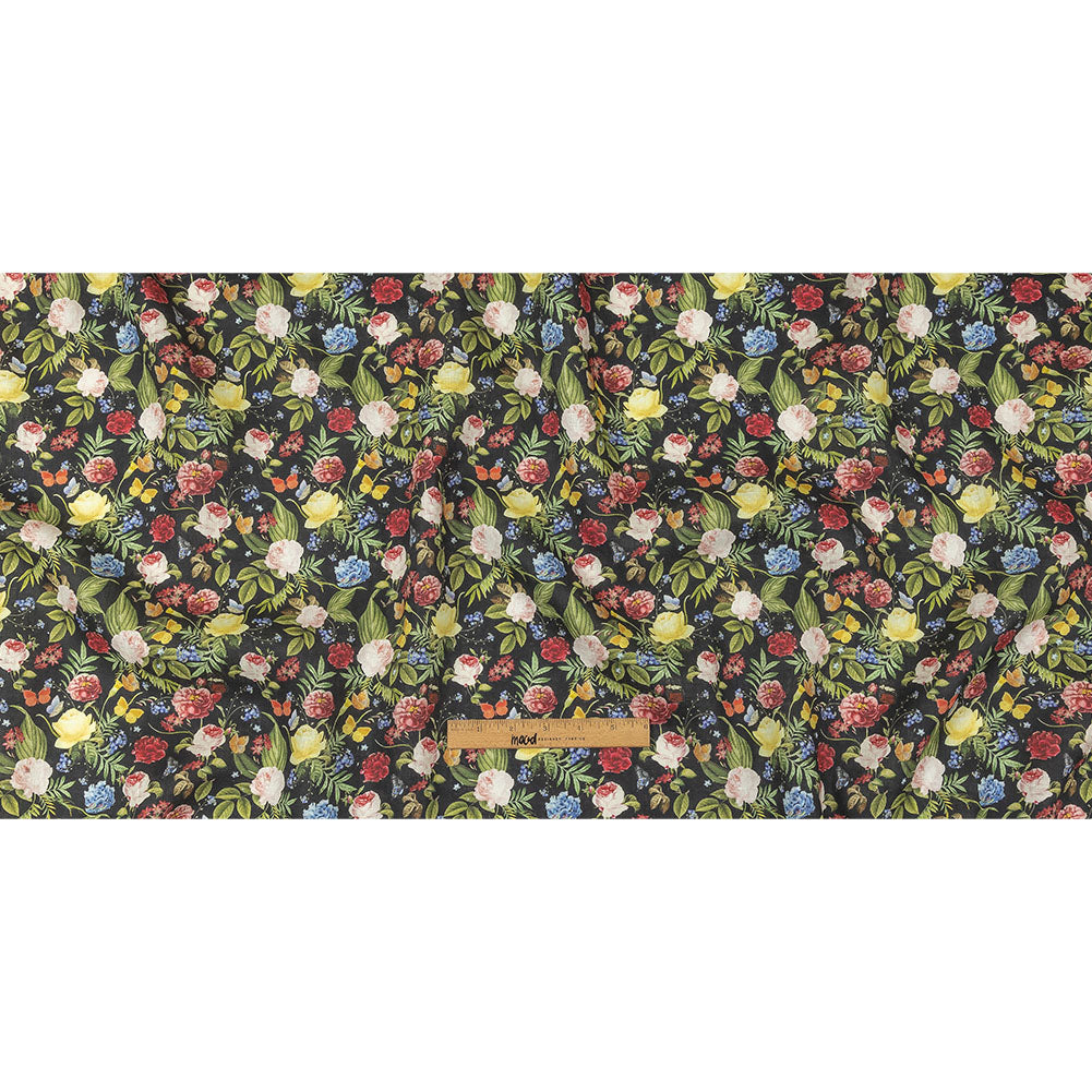 Black, Pink and Yellow Butterfly Garden Medium Weight Linen Woven