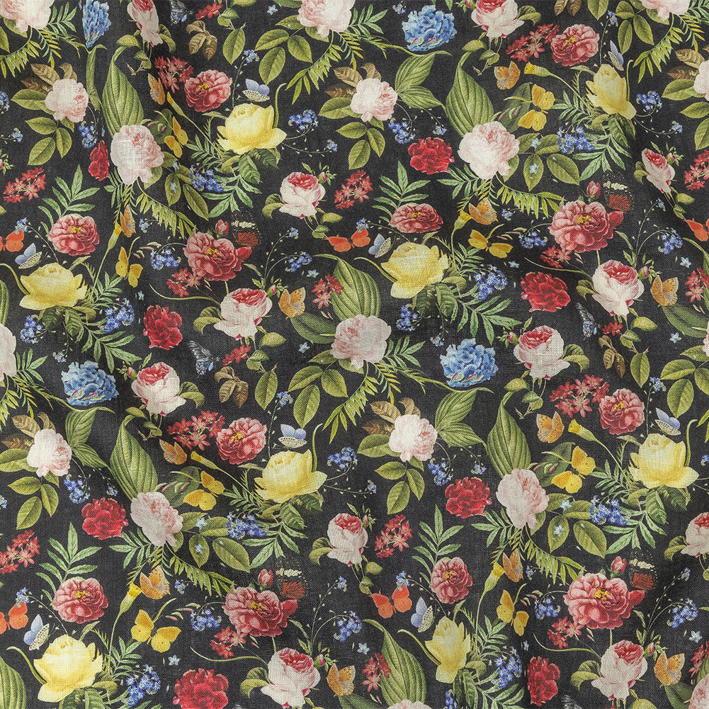 Black, Pink and Yellow Butterfly Garden Medium Weight Linen Woven