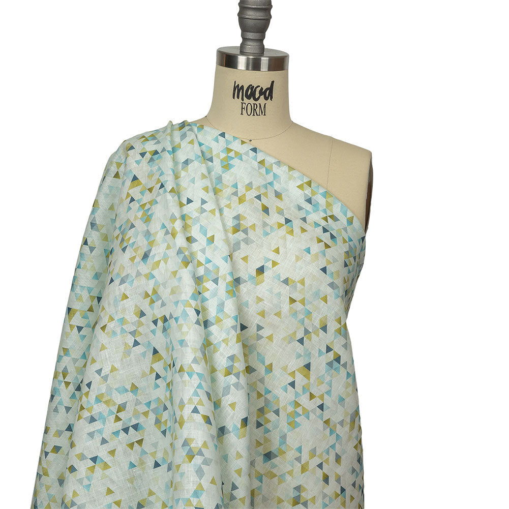 Blue, Lime and White Triangles Medium Weight Linen Woven