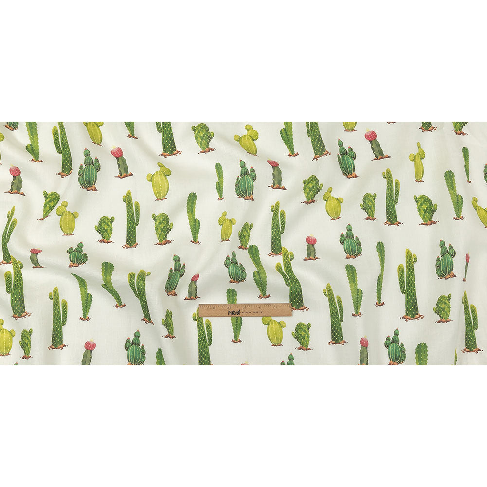 Green and Ivory Cactuses Medium Weight Linen Woven