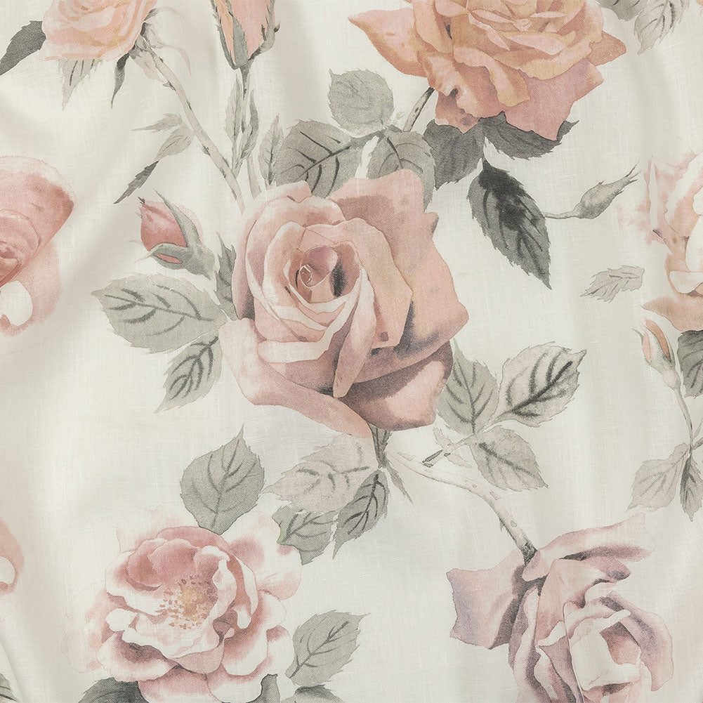 Dusty Pink, Gray and White Roses Medium Weight Linen Woven