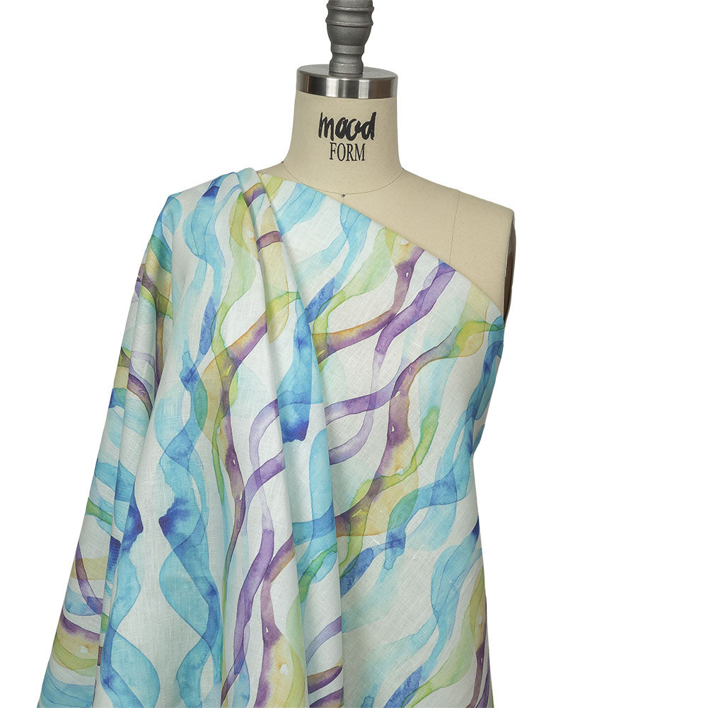 Turquoise, Lime and Eggplant Watercolor Waves Medium Weight Linen Woven