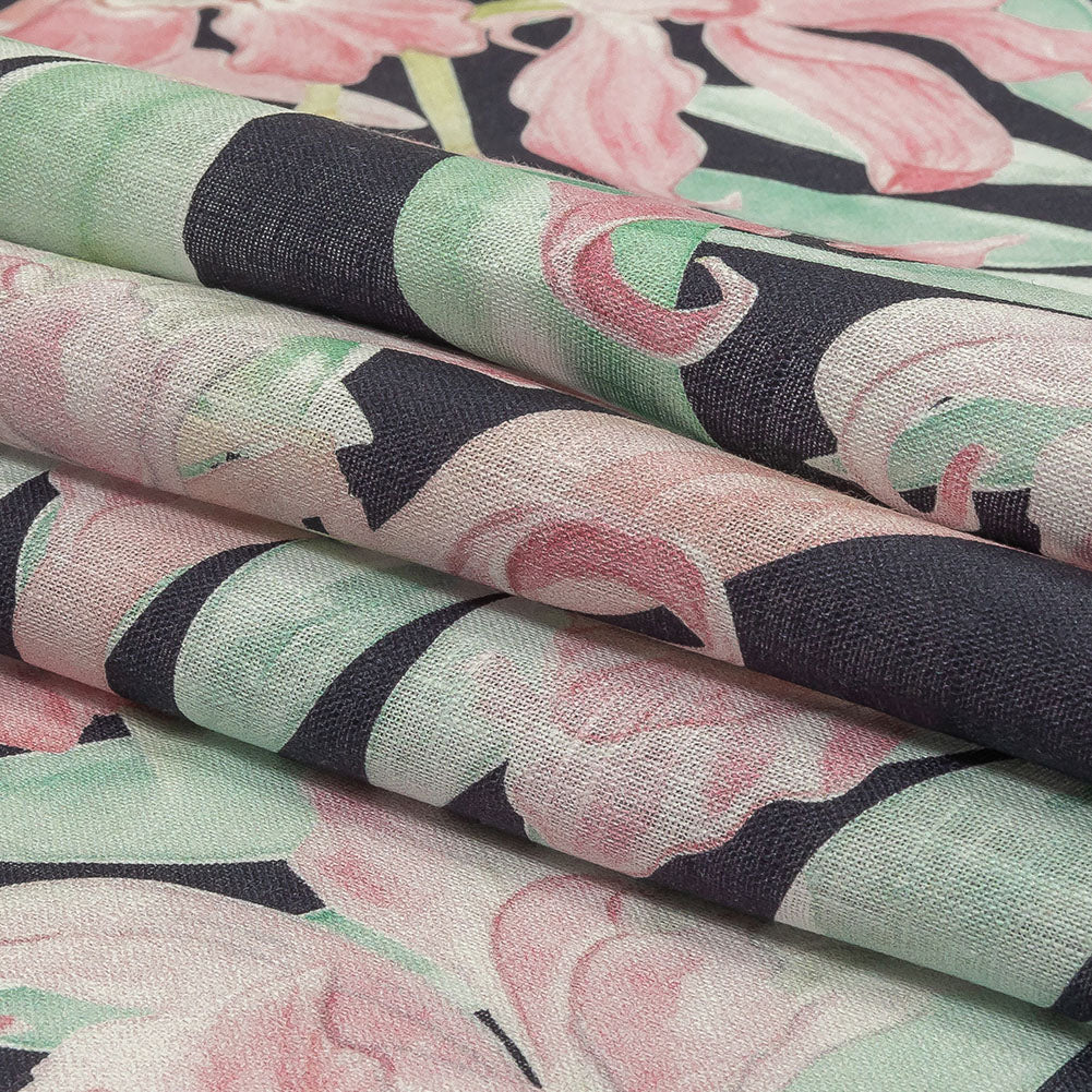 Pink, Green and Black Lilies Medium Weight Linen Woven