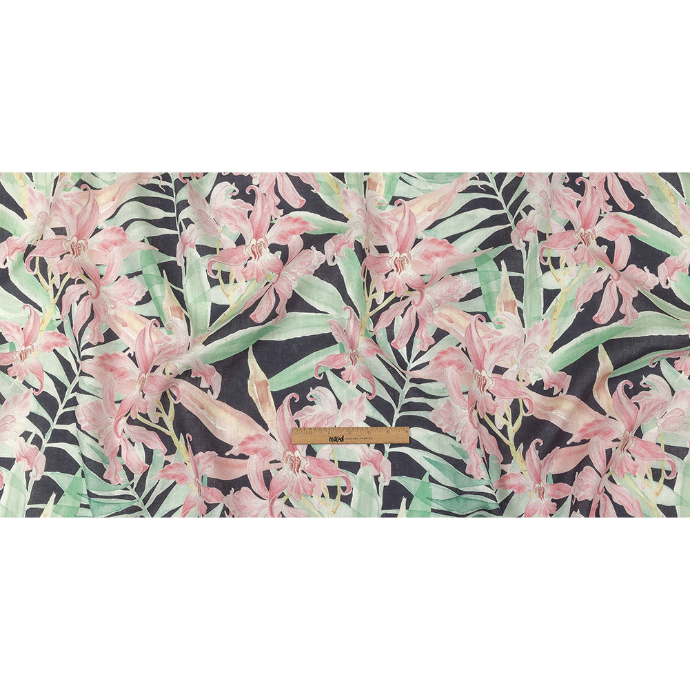 Pink, Green and Black Lilies Medium Weight Linen Woven