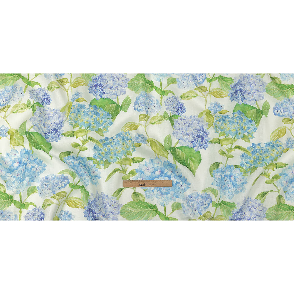 Blue, Green and White Hydrangeas Medium Weight Linen Woven