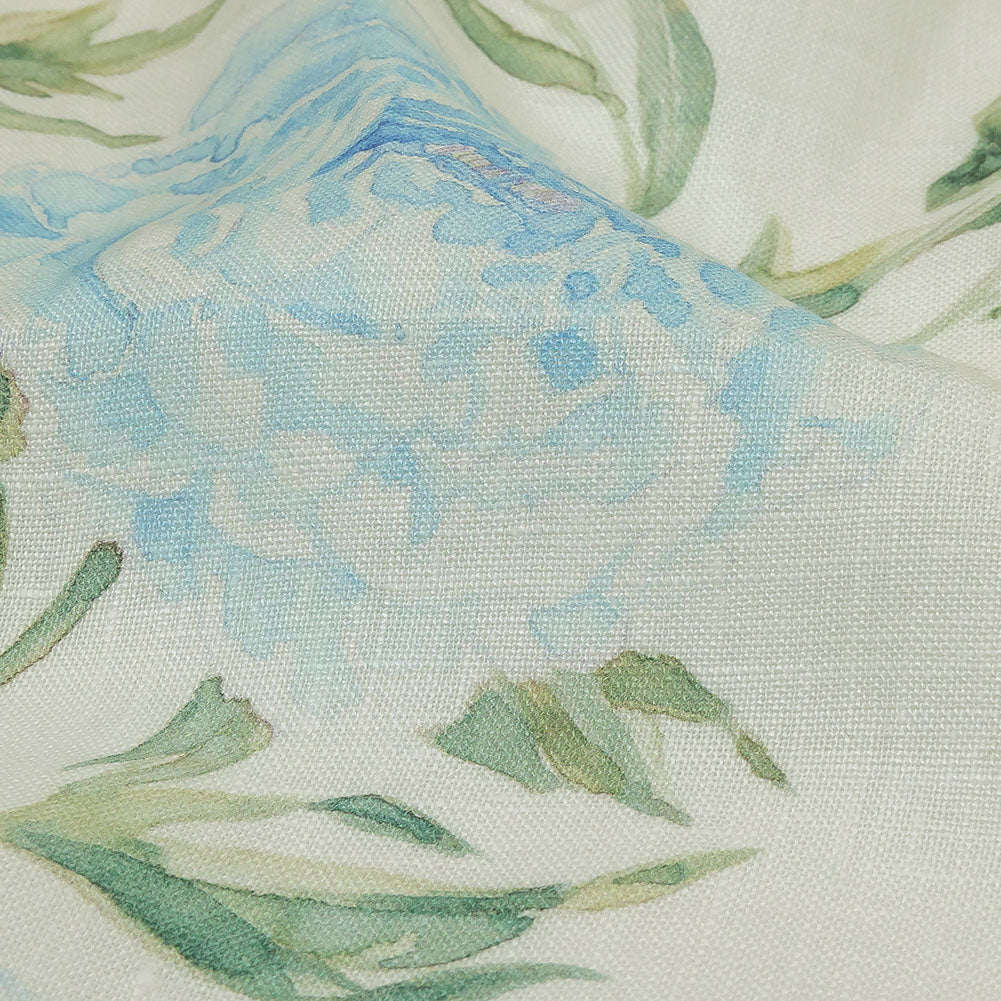 Blue, Green and White Watercolor Roses Medium Weight Linen Woven