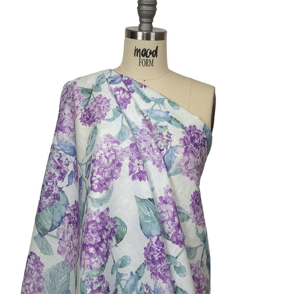 Purple, Green and White Hydrangeas Medium Weight Linen Woven