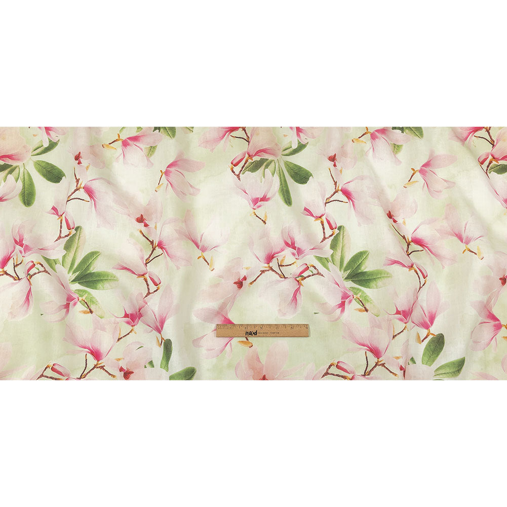 Pink and Green Magnolia Blooms Medium Weight Linen Woven