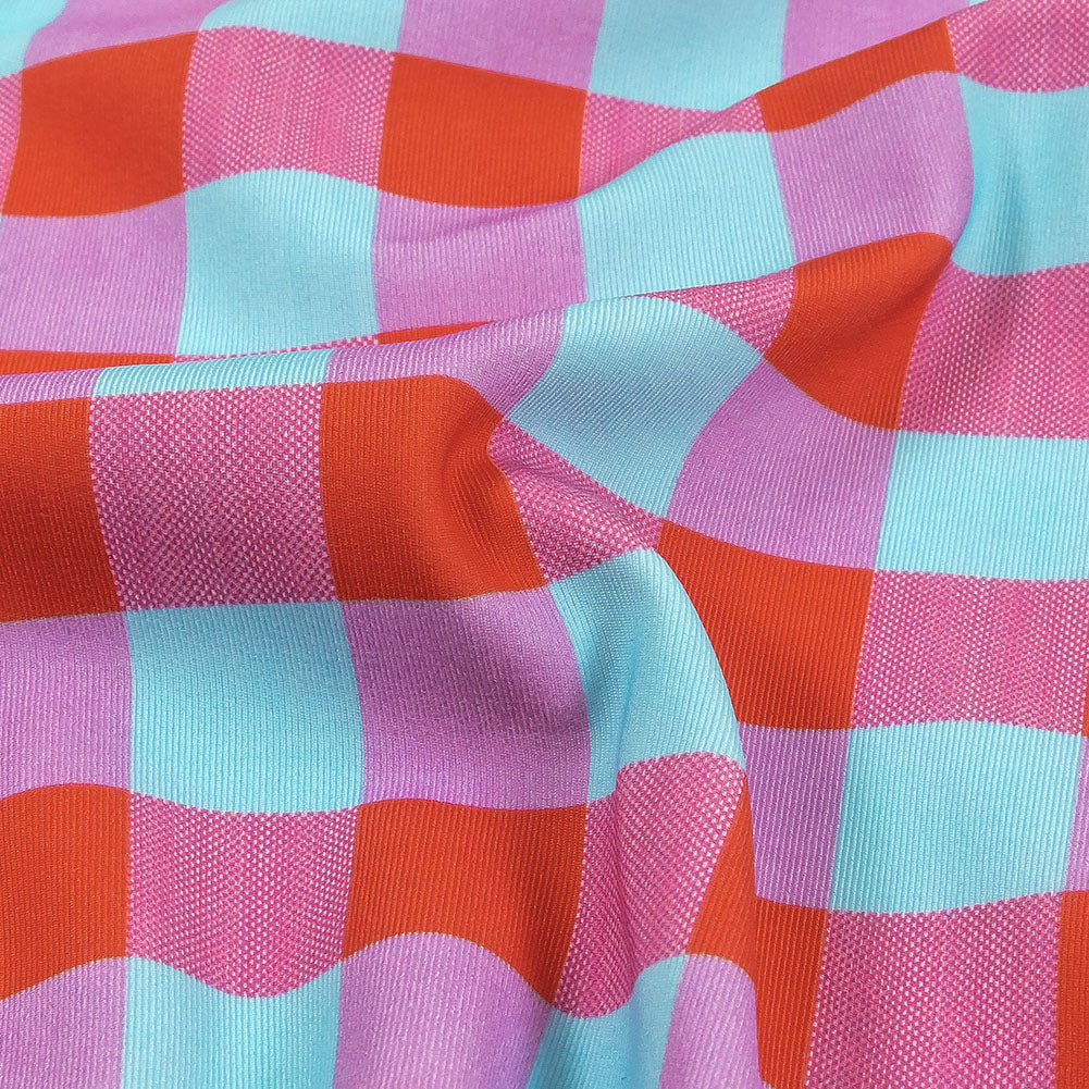 Red Orange and Aqua Checks UV Protective Compression Swimwear Tricot with Aloe Vera Microcapsules