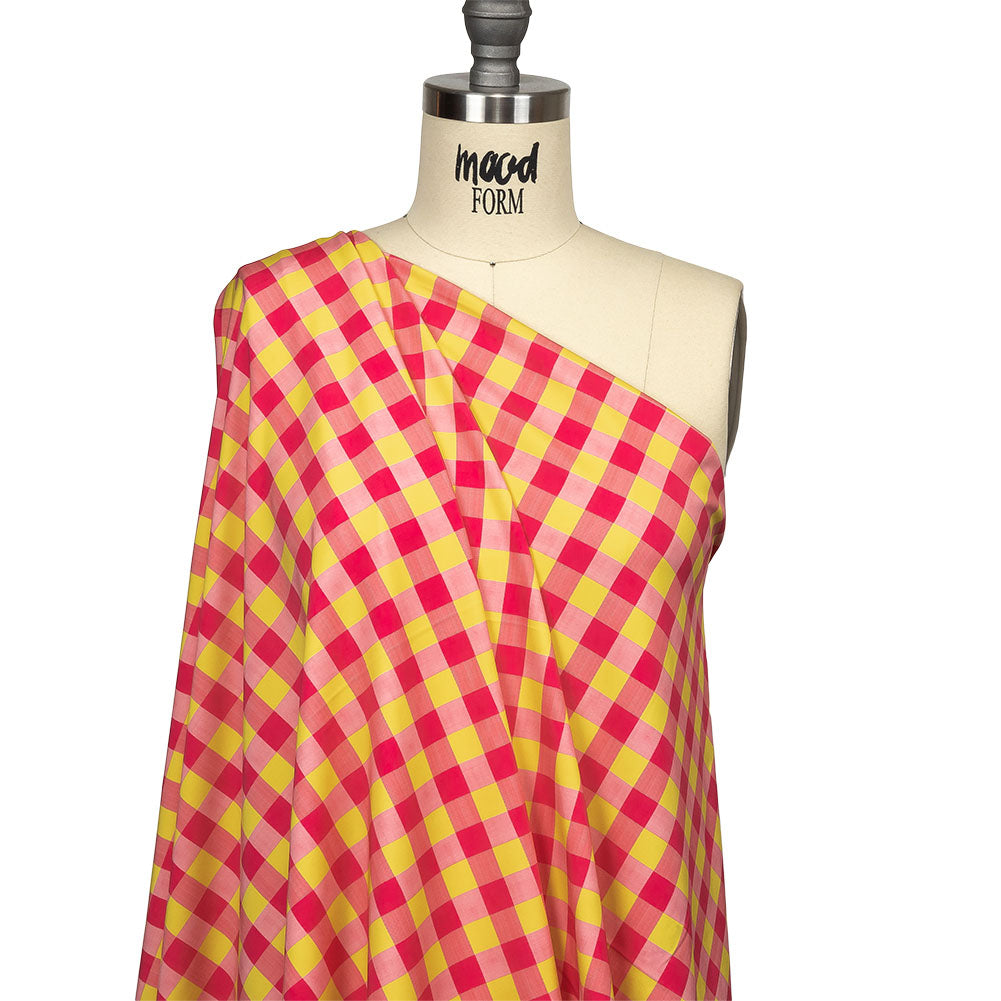 Hot Pink and Yellow Checks UV Protective Compression Swimwear Tricot with Aloe Vera Microcapsules