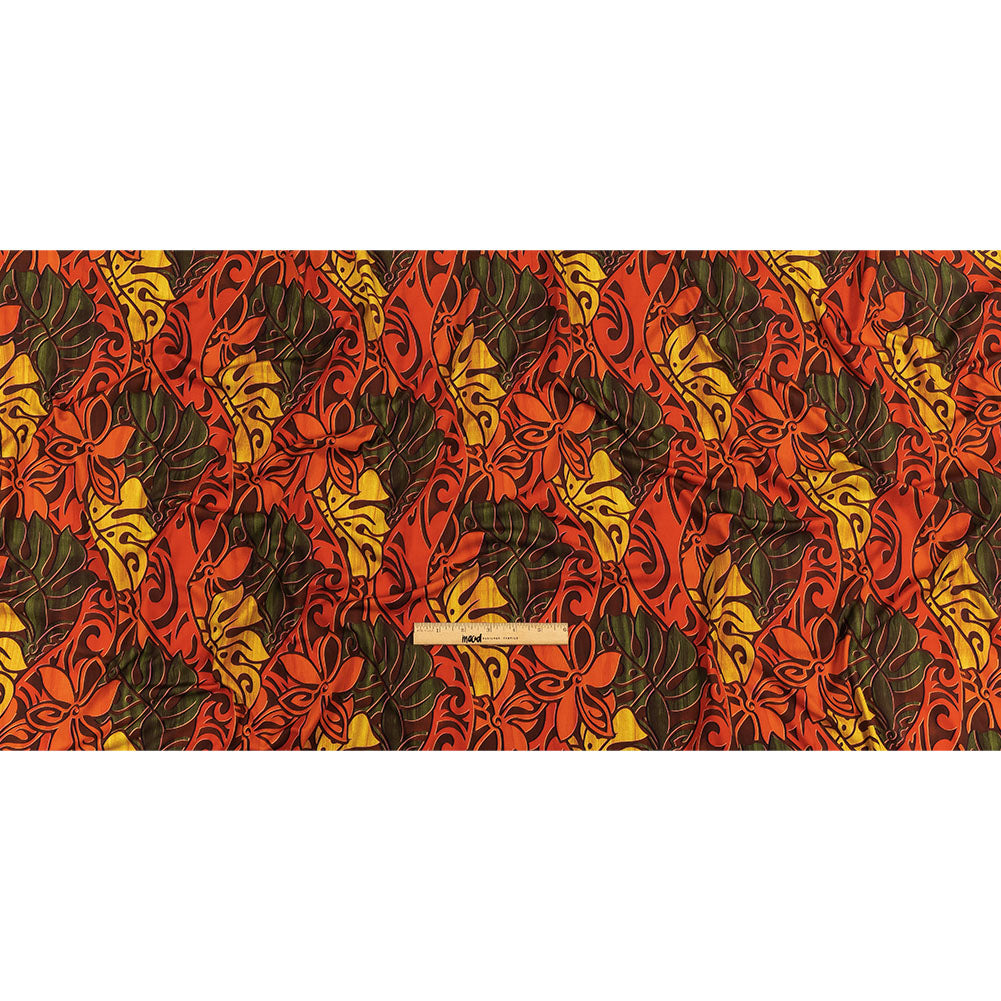 Red, Orange and Olive Green Art Nouveau Leaves UV Protective Compression Swimwear Tricot with Aloe Vera Microcapsules