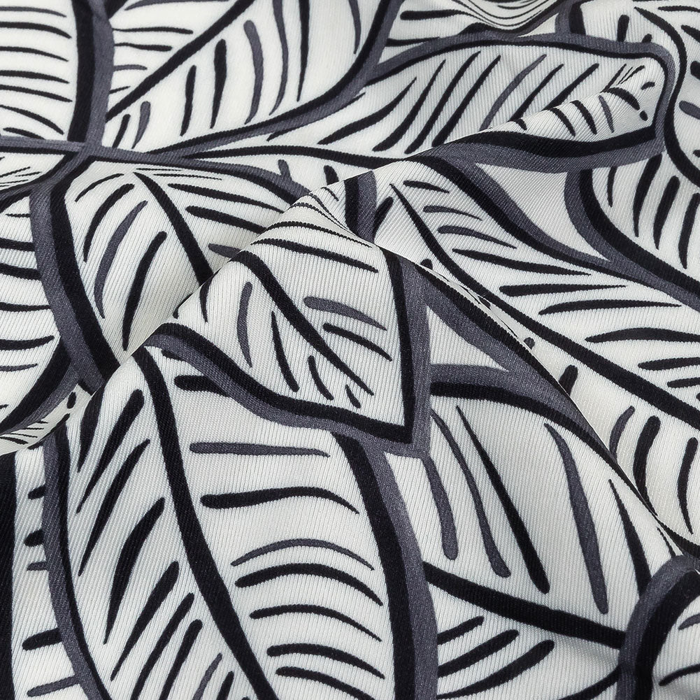 White, Folkstone Gray and Black Leaves UV Protective Compression Swimwear Tricot with Aloe Vera Microcapsules