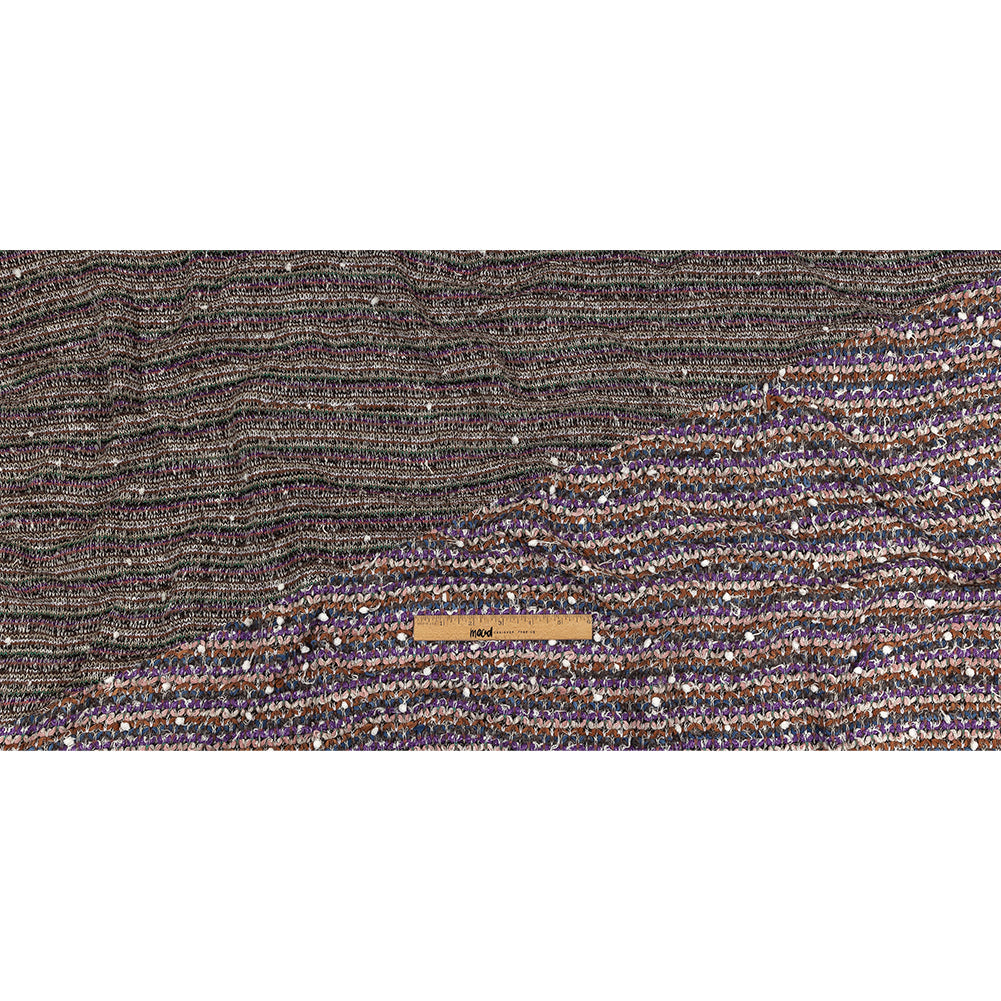 Purple, Burnt Orange and Gray Striped Tactile Cotton and Polyester Knit with Pom Poms