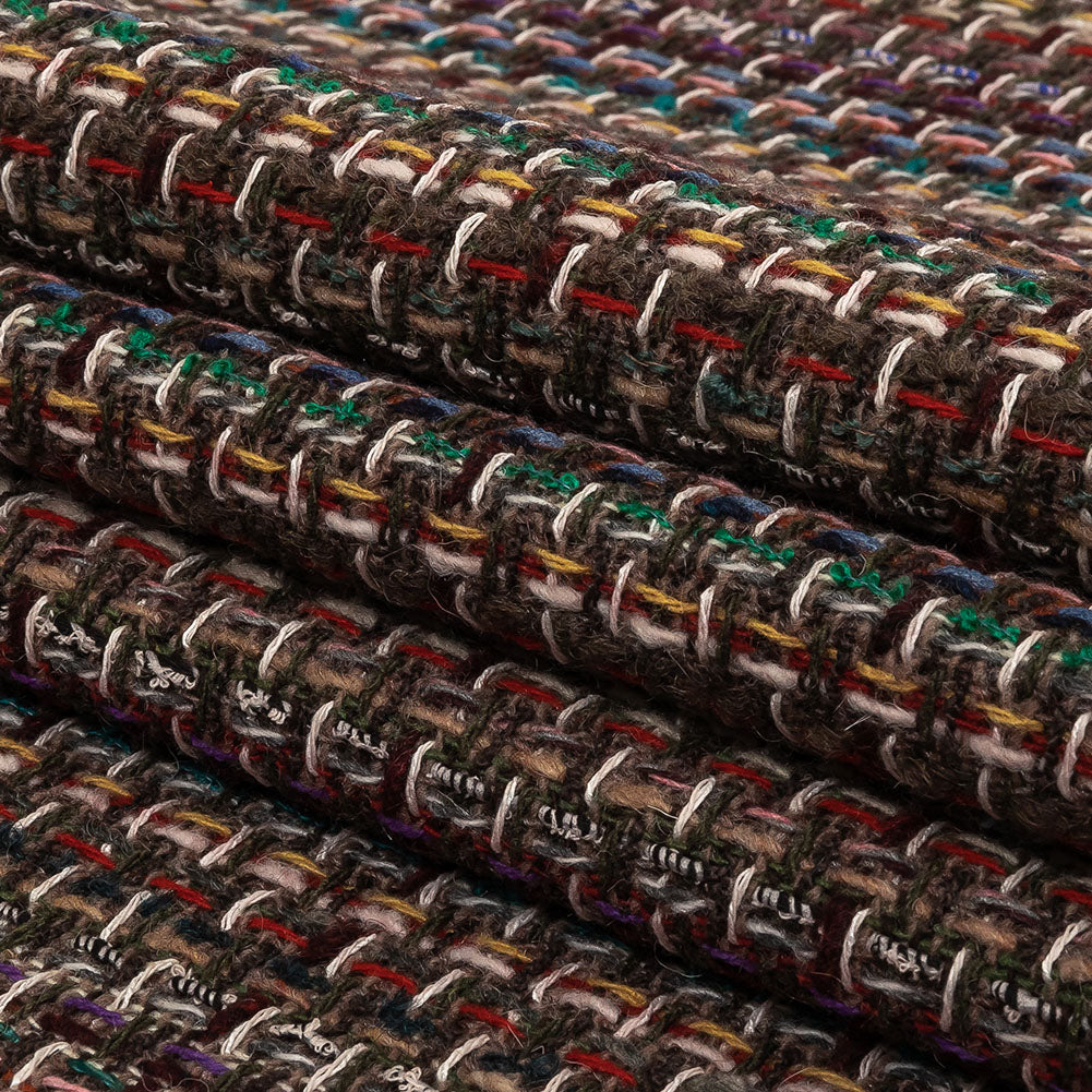 Italian Gray Brown, Burgundy and Multicolor Tweedy Plaid Blended Wool Woven
