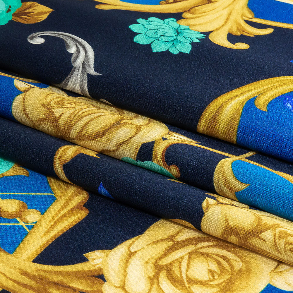 Mood Exclusive Italian Navy, Blue and Gold Rose Filigree Silk Charmeuse