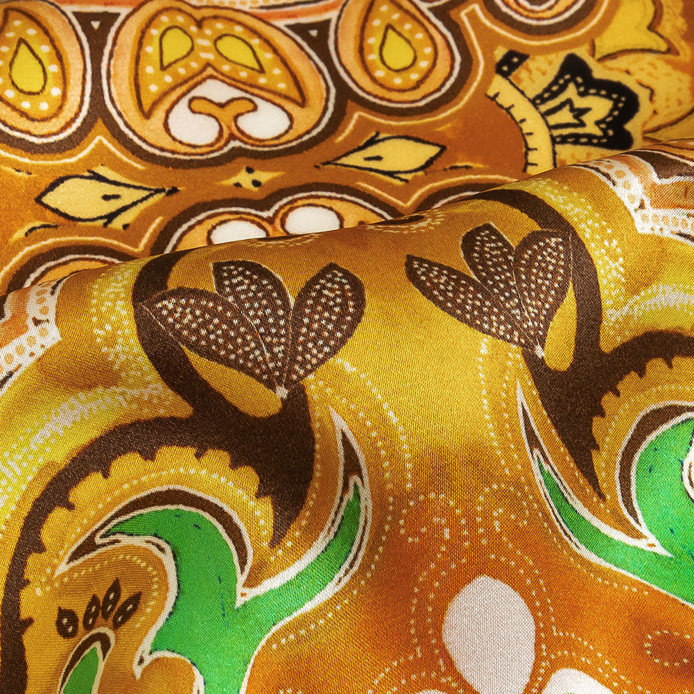 Mood Exclusive Italian Black, Gold and Green Floral Tile Silk Charmeuse