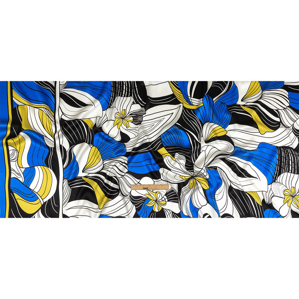 Mood Exclusive Italian Blue, Black and Yellow Art Nouveau Flowers Border Print Silk Charmeuse