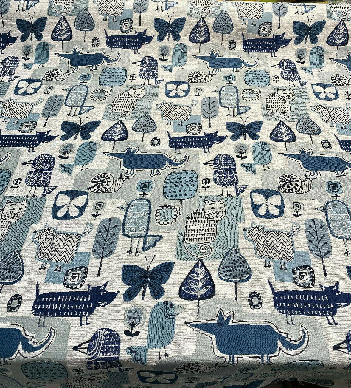 Party Animal Cats Dogs Jacquard Polyester Fabric - Atlantic Blue, Beige Light And Dark Blue, 54" Width (1 Yard)