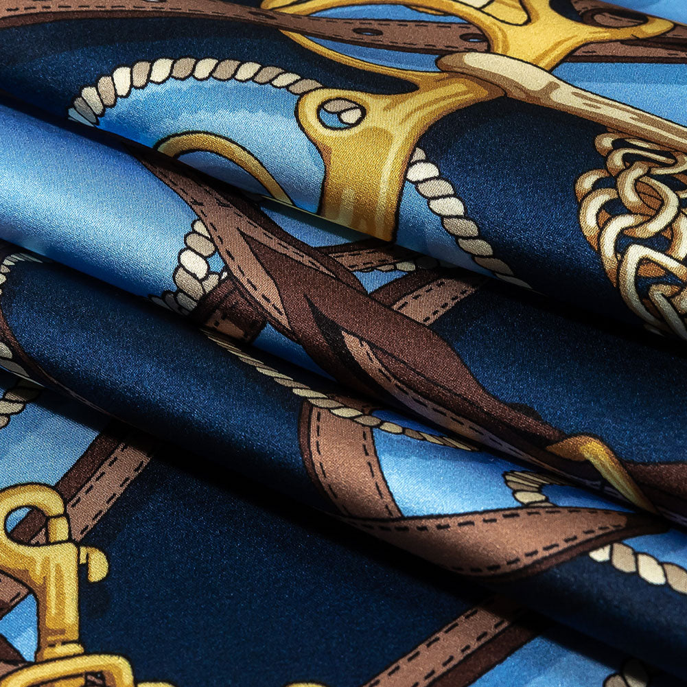 Mood Exclusive Italian Blue, Brown and Gold Bridles and Reins Silk Charmeuse Panel