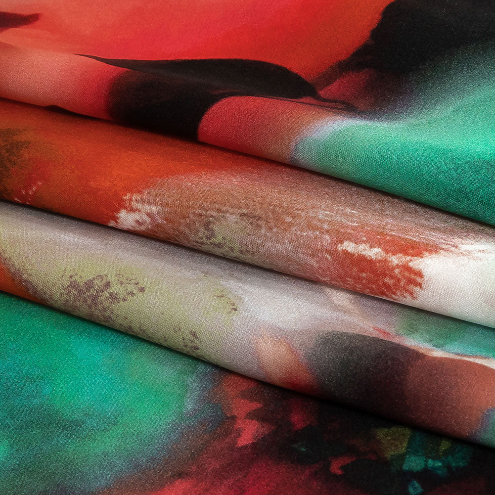 Mood Exclusive Italian Red, Turquoise and White Watercolor Floral Silk Charmeuse