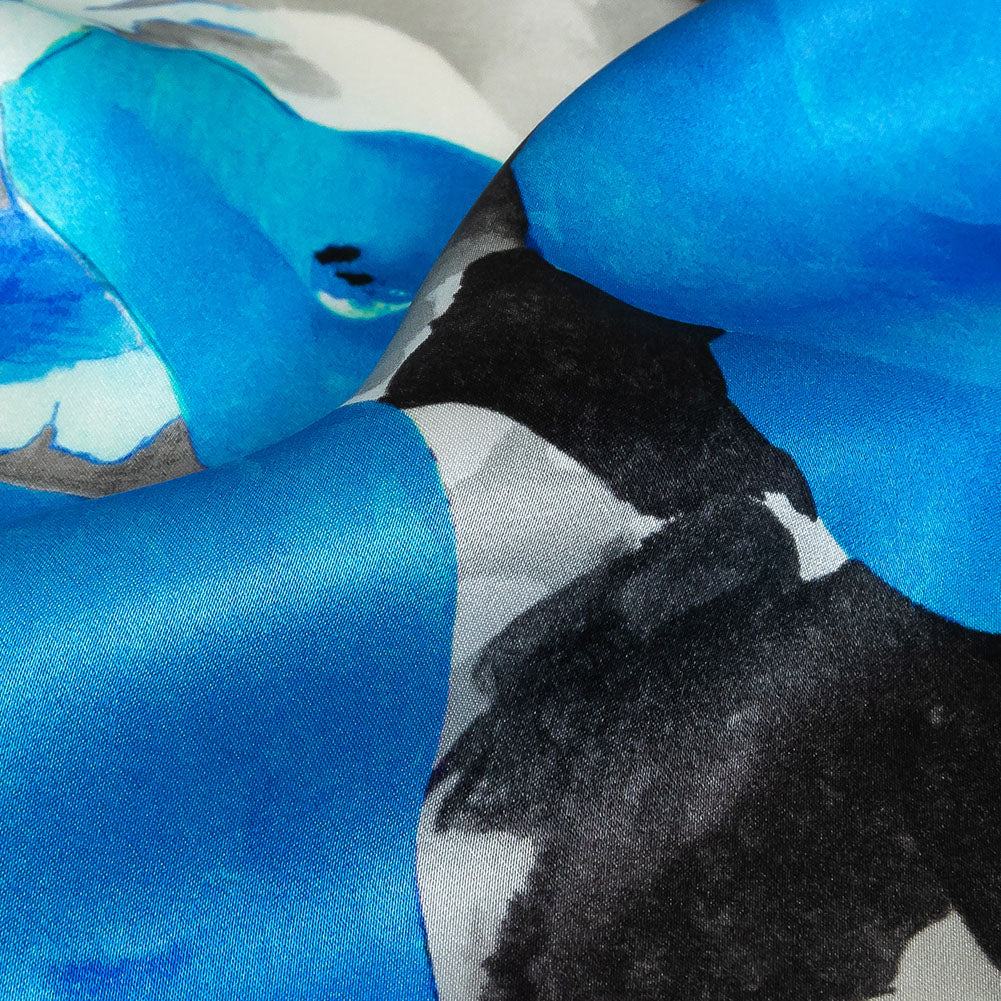 Mood Exclusive Italian Blue, Gray and White Wild Roses Silk Charmeuse