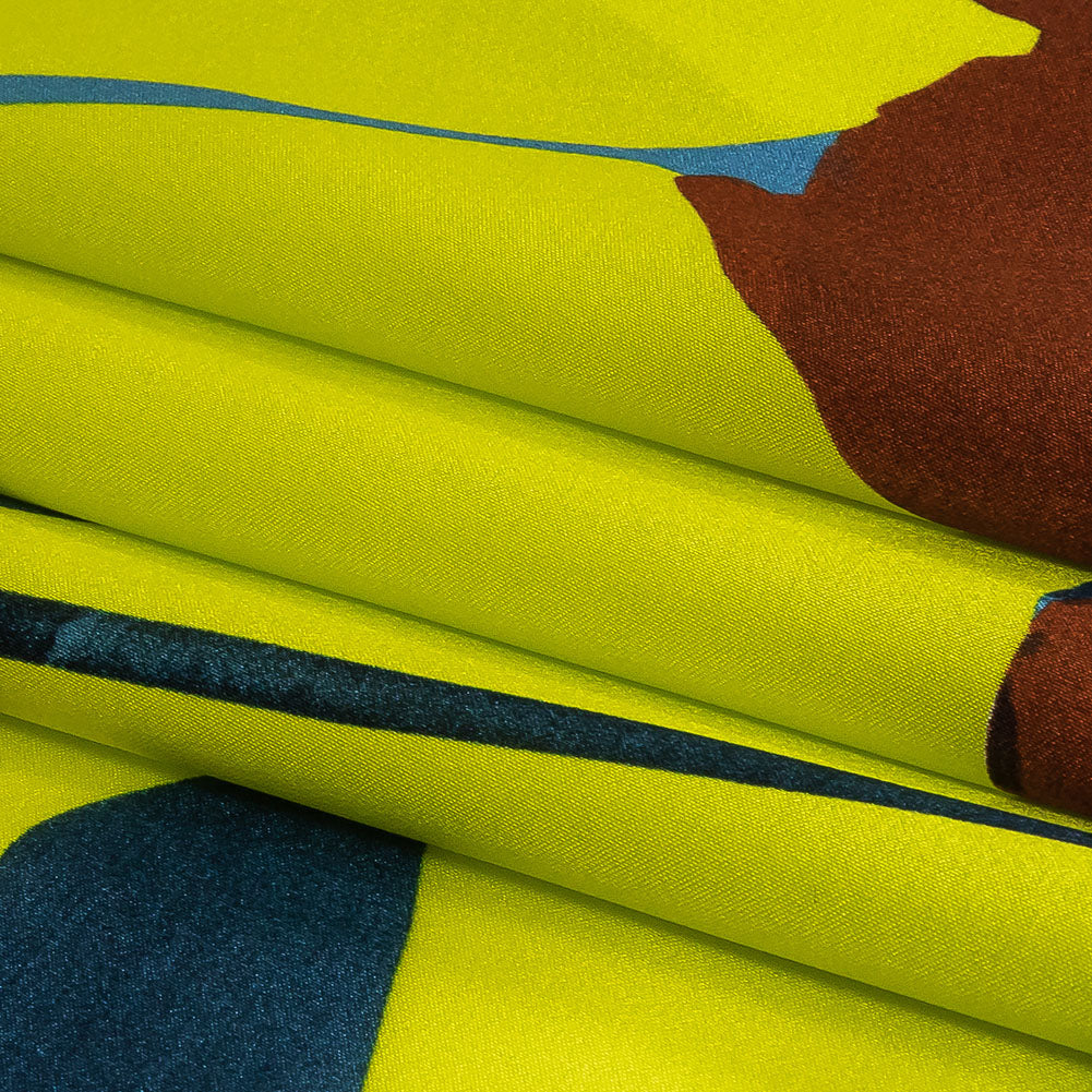 Mood Exclusive Italian Yellow, Steel Blue and Russet Abstract Roses Silk Charmeuse